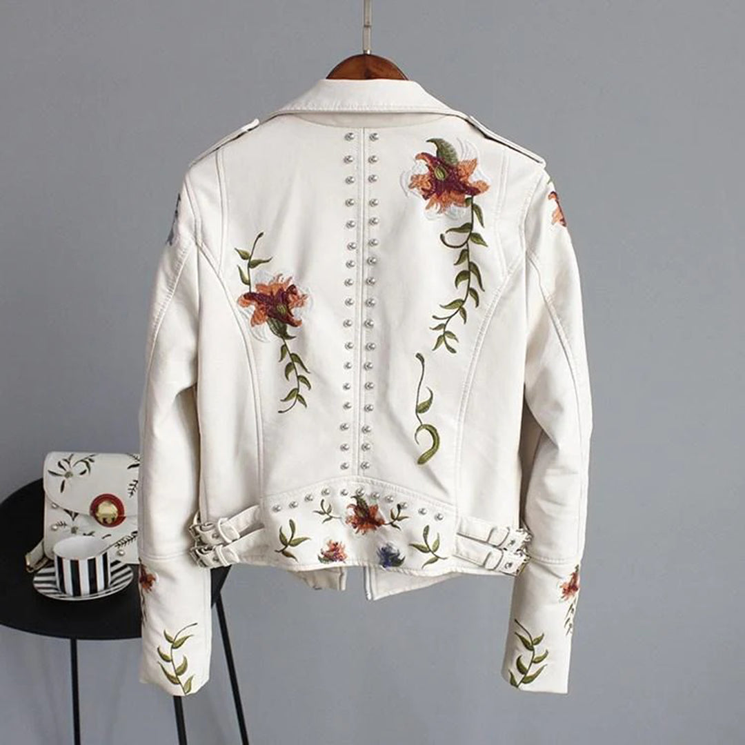 Embroidered Faux Leather Moto Jacket for Statement Style