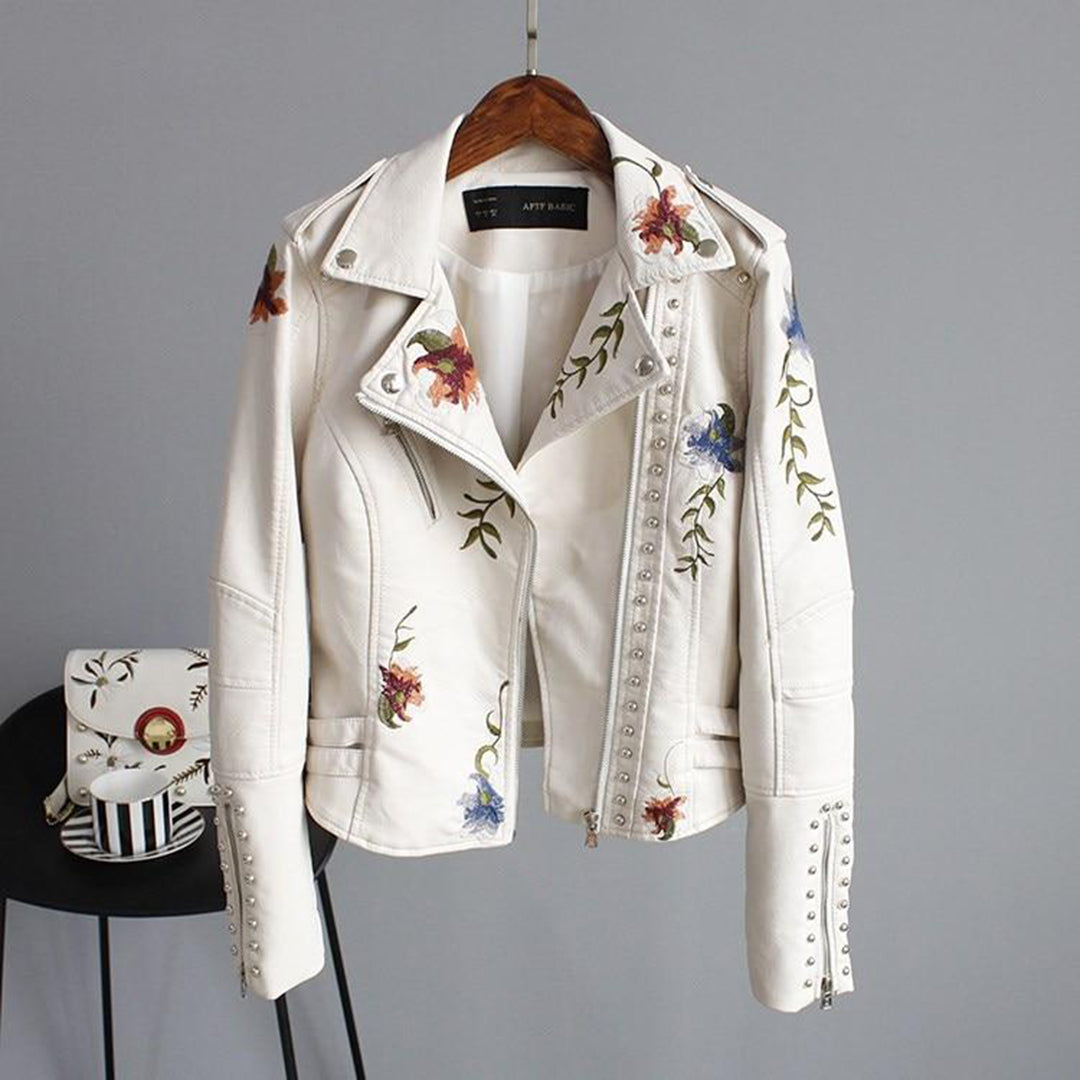 Embroidered Faux Leather Moto Jacket for Statement Style