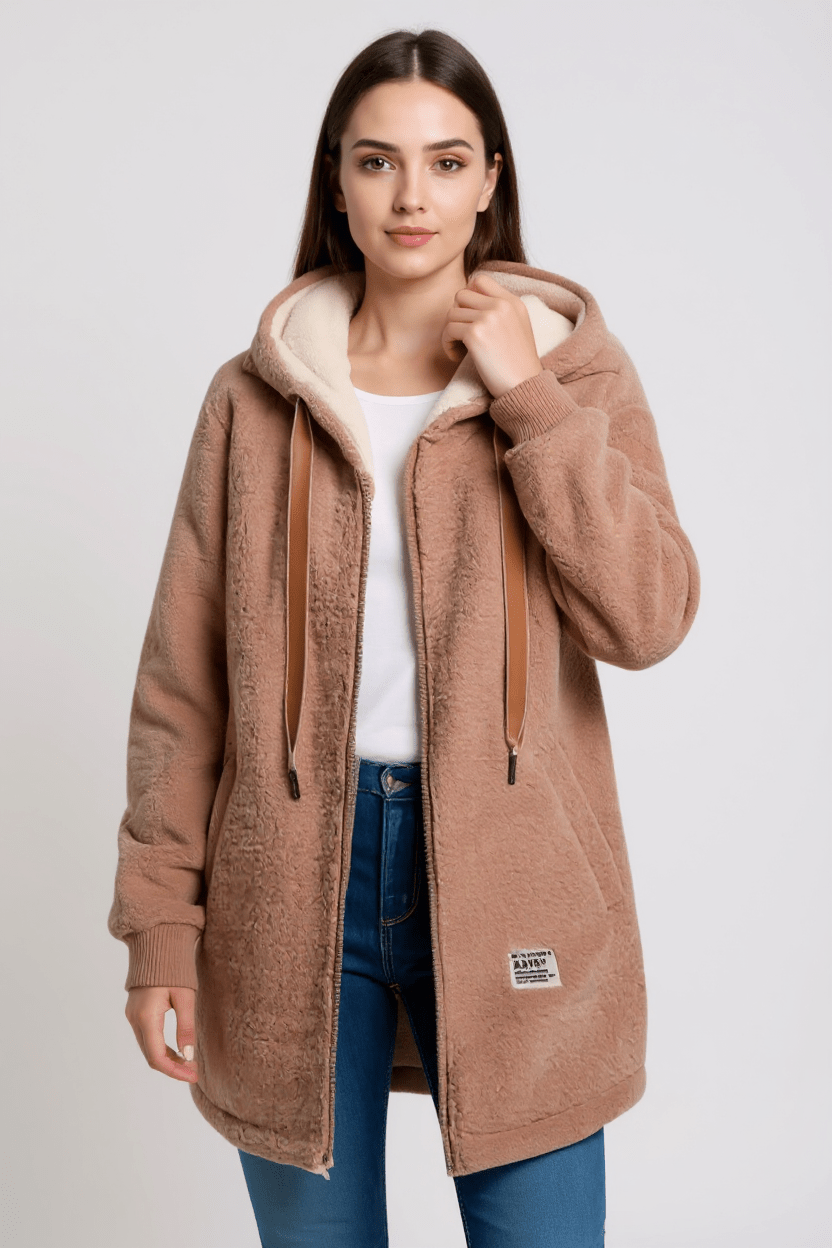 Hooded Teddy Fleece Jacket with Zip Front and Plush Lining