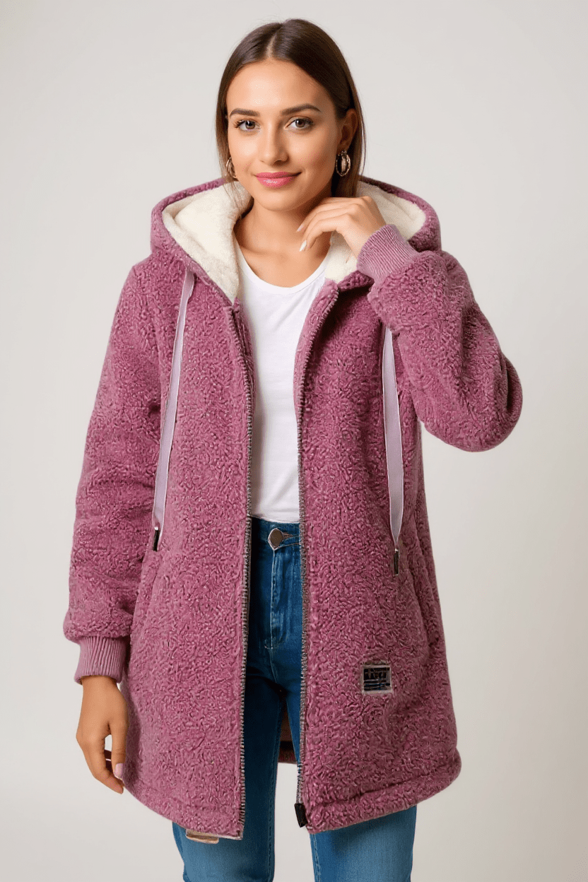 Hooded Teddy Fleece Jacket with Zip Front and Plush Lining