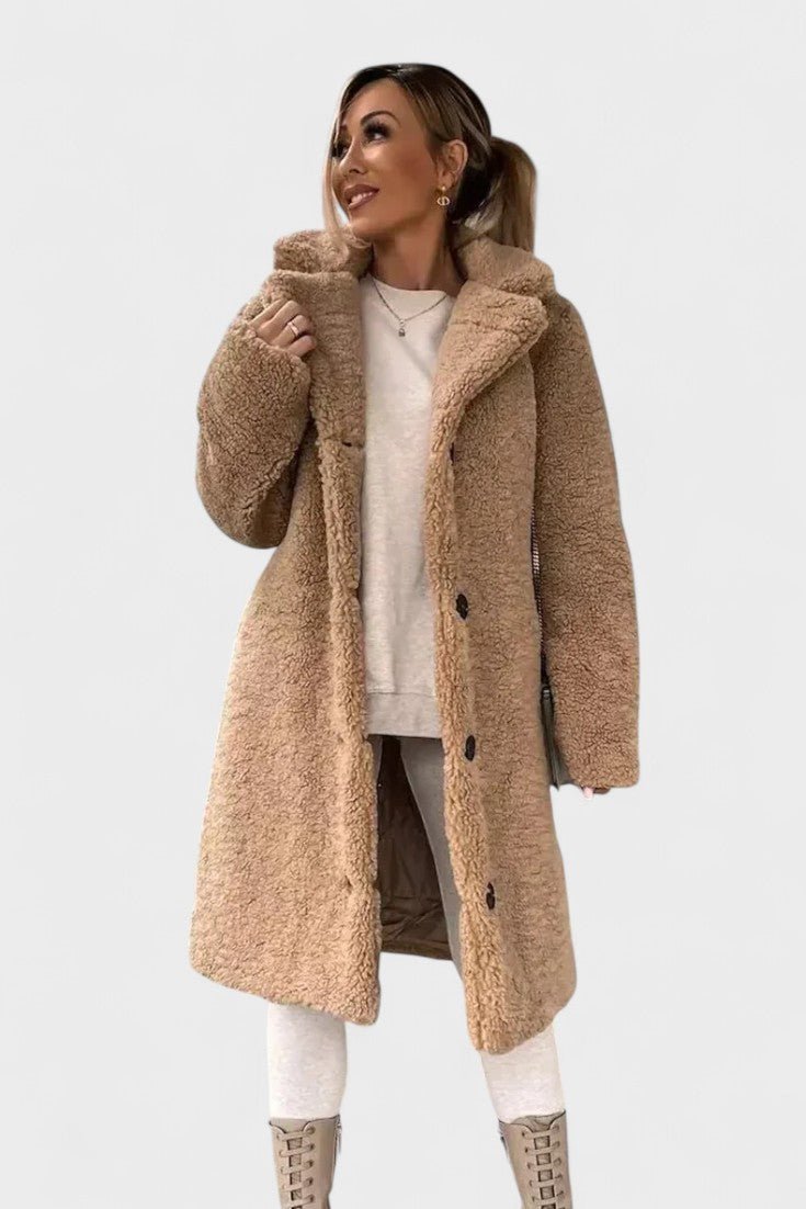 Longline Teddy Coat with Button Front and Relaxed Fit