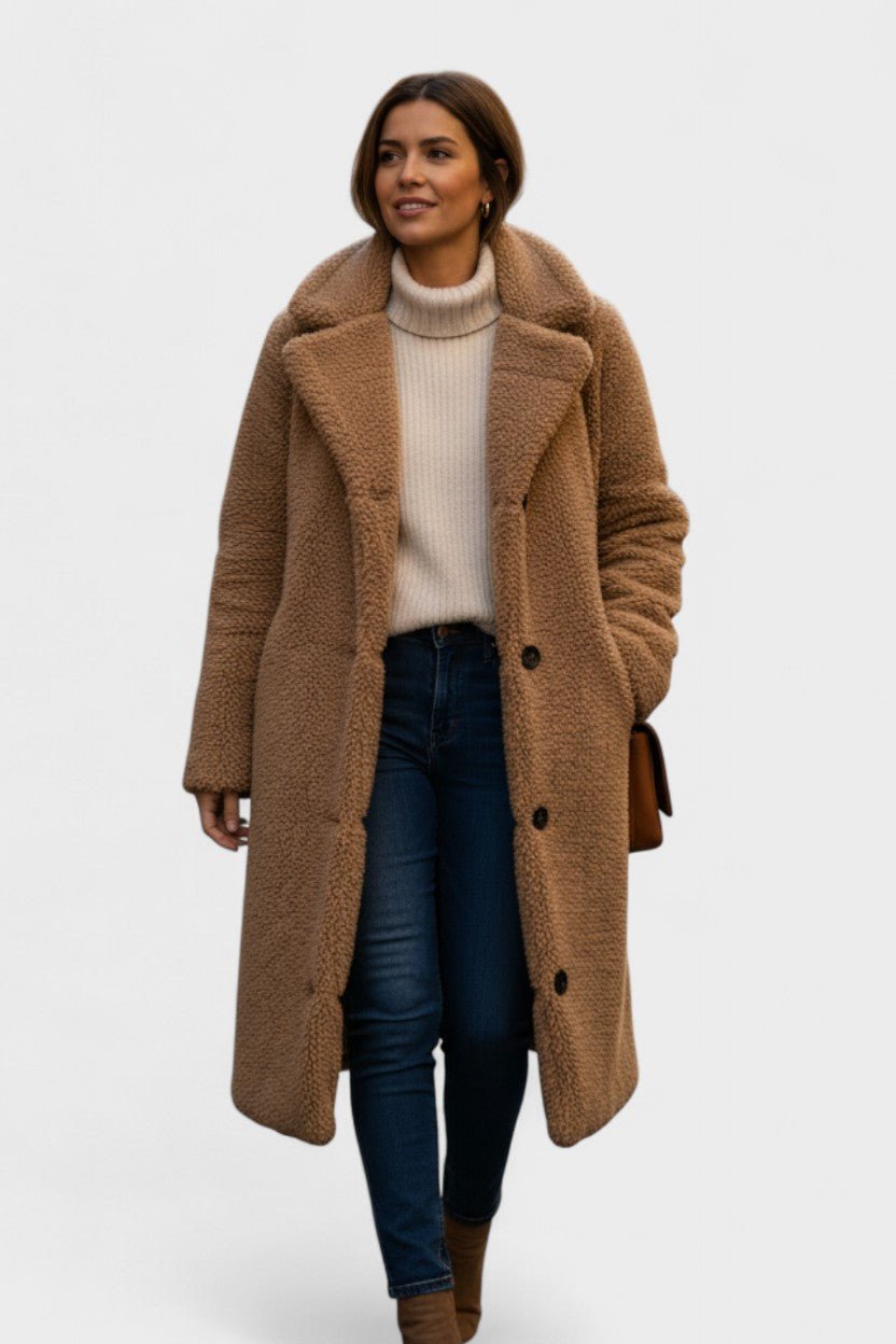 Longline Teddy Coat with Button Front and Relaxed Fit
