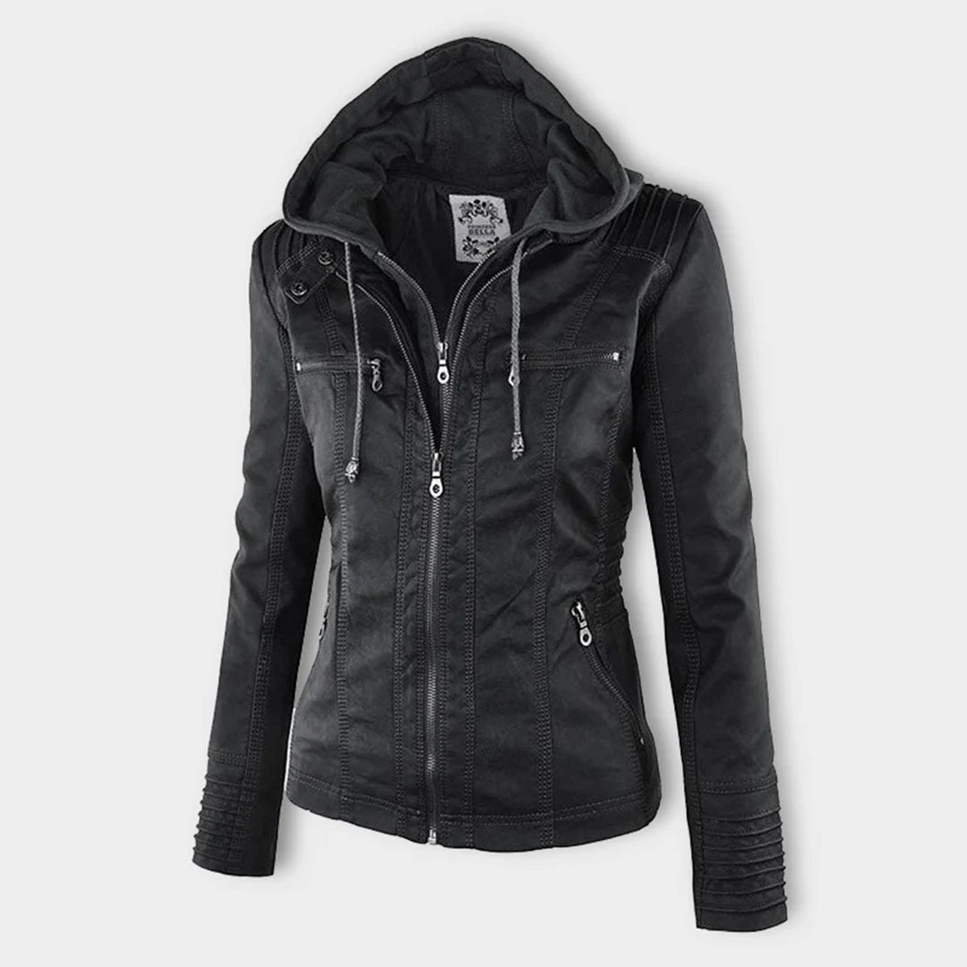 Faux Leather Hooded Moto Jacket with Zipper Details