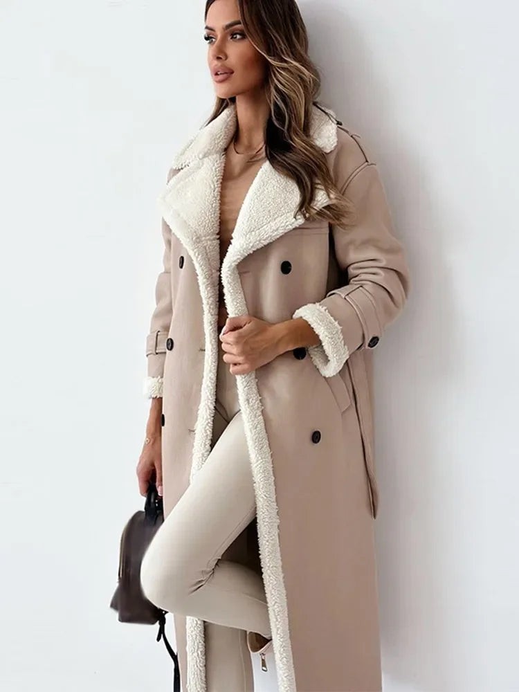 Long Faux Shearling Trim Coat for Elegant Winter Style