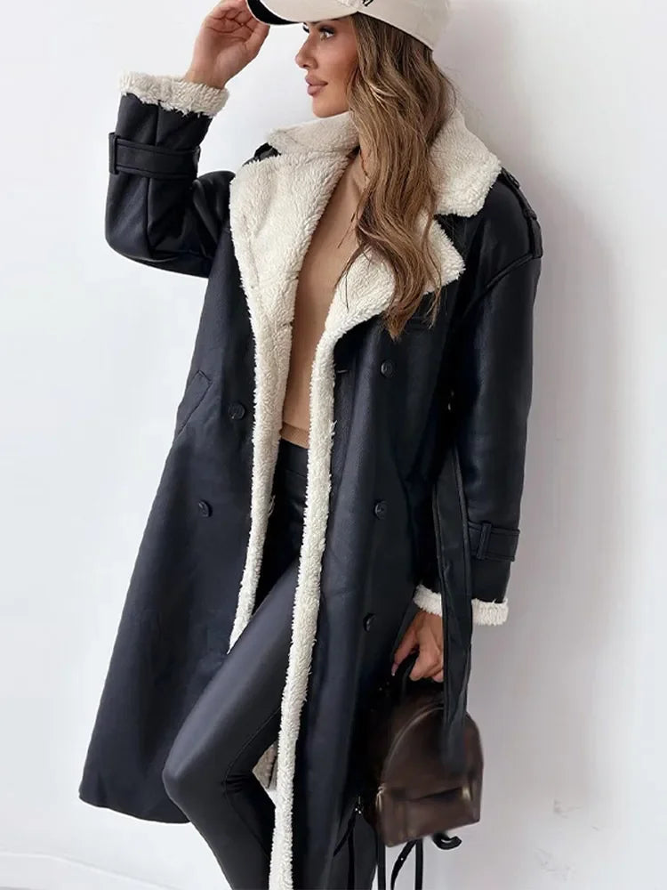 Long Faux Shearling Trim Coat for Elegant Winter Style