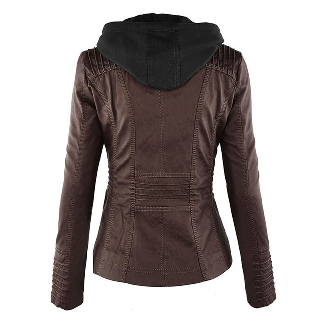 Women’s Faux Leather Hooded Moto Jacket – Slim Fit Zip-Up Outerwear