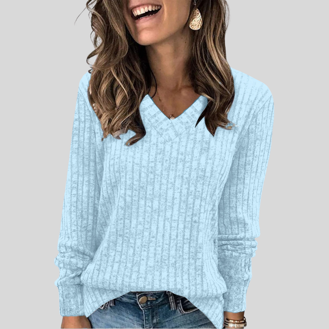 Ribbed V-Neck Long Sleeve Knit Top