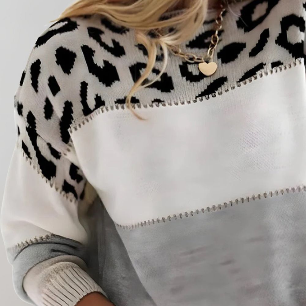 Leopard Print Color Block Knit Sweater