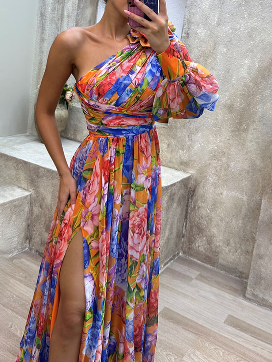 One-Shoulder Floral Ruffle Maxi Dress with High Slit