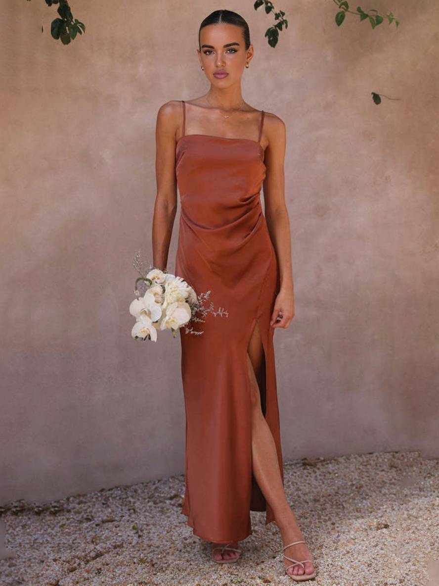 Elegant Satin Strapless Slit Maxi Dress