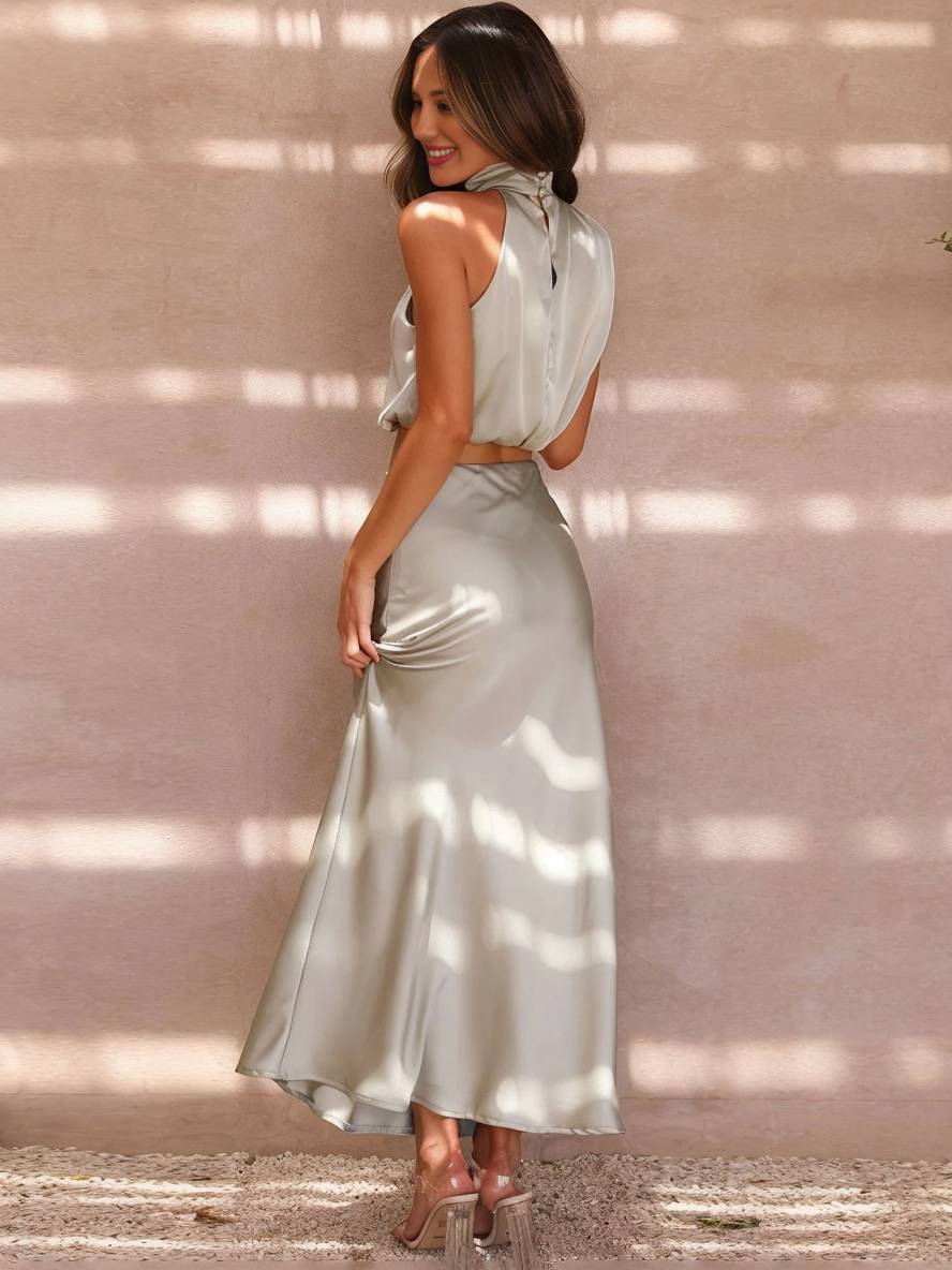 Elegant Satin Two-Piece Set with Halter Top and Maxi Skirt
