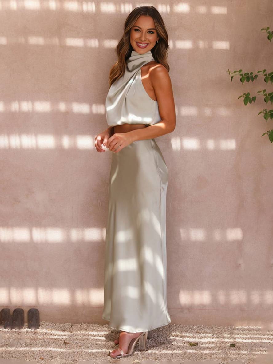 Elegant Satin Two-Piece Set with Halter Top and Maxi Skirt