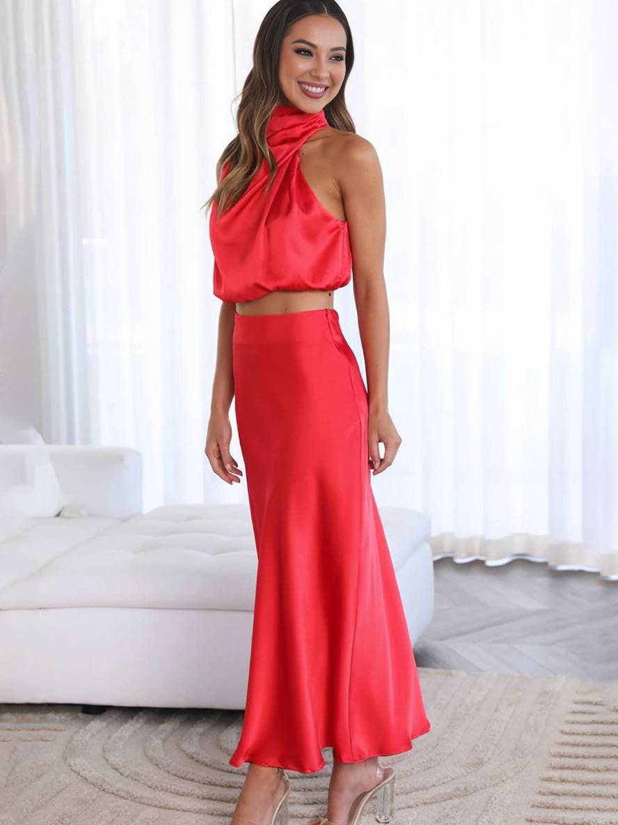 Elegant Satin Two-Piece Set with Halter Top and Maxi Skirt