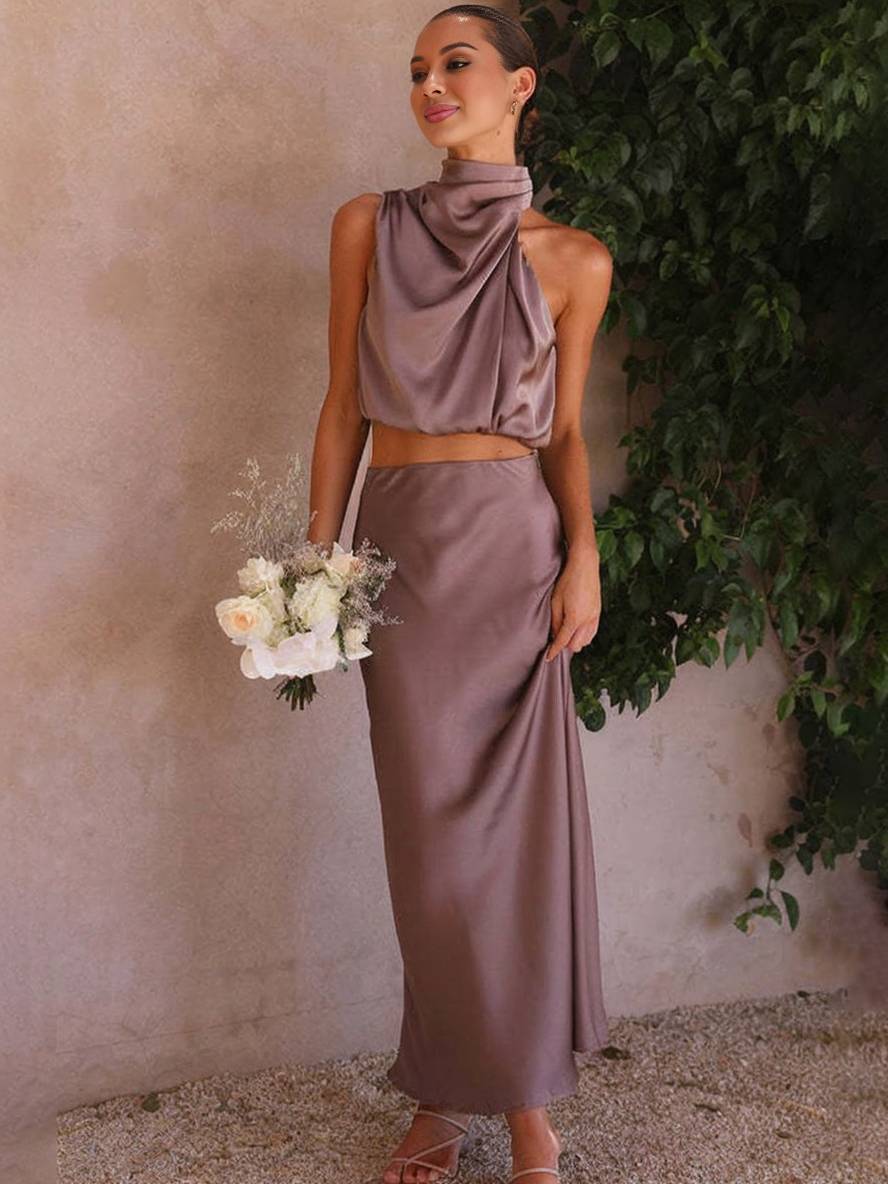Elegant Satin Two-Piece Set with Halter Top and Maxi Skirt