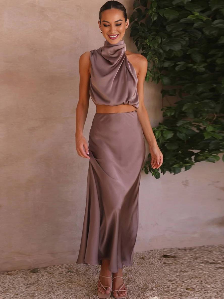 Elegant Satin Two-Piece Set with Halter Top and Maxi Skirt