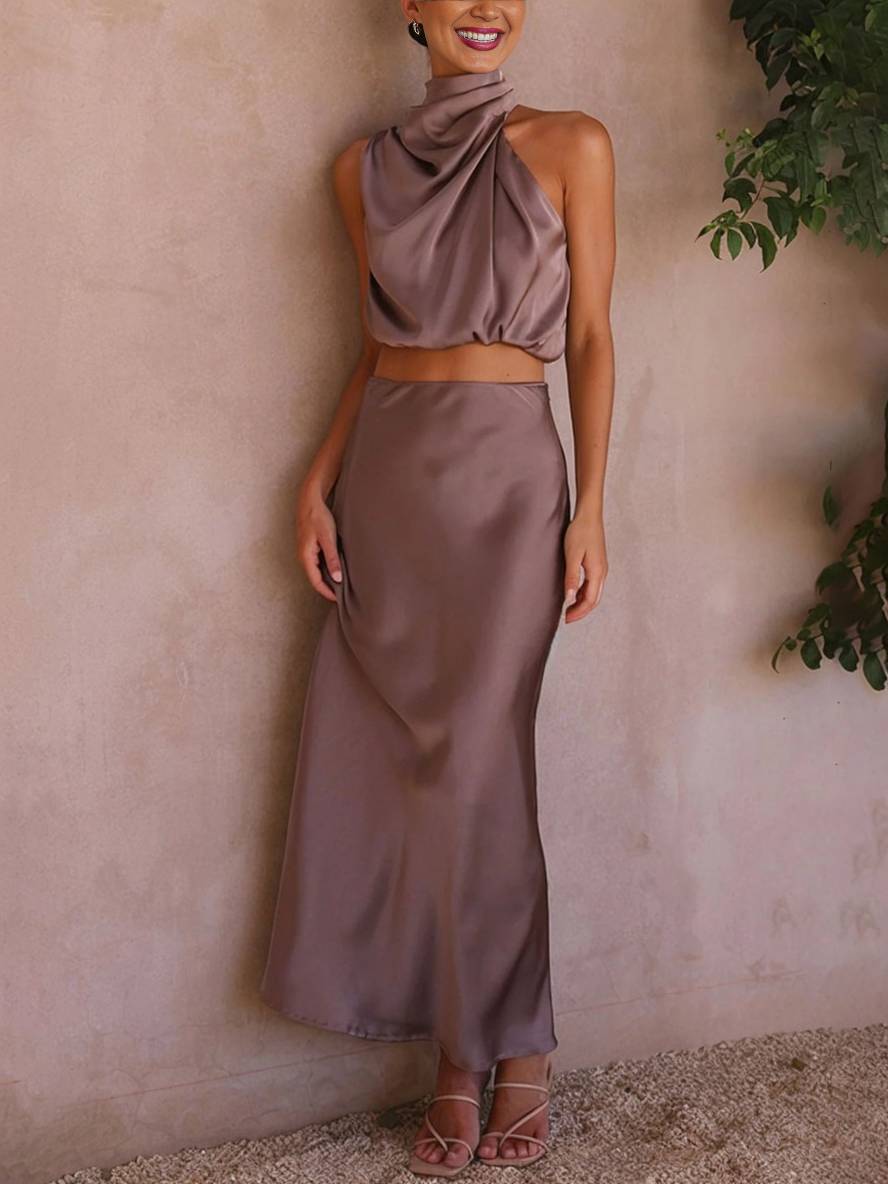 Elegant Satin Two-Piece Set with Halter Top and Maxi Skirt