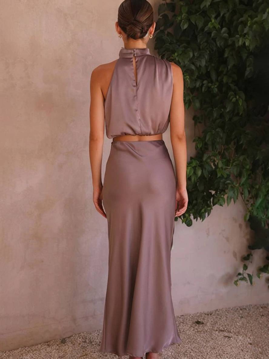 Elegant Satin Two-Piece Set with Halter Top and Maxi Skirt