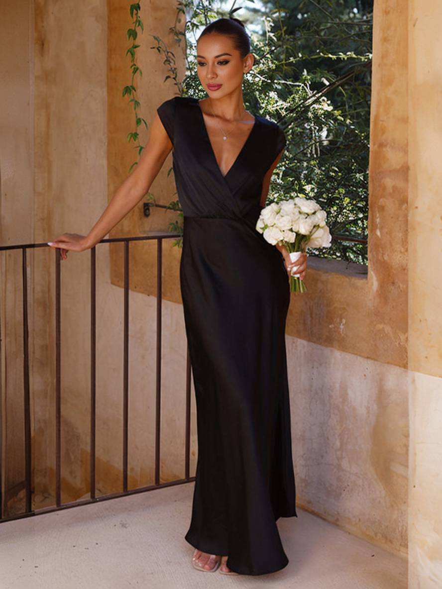 V-Neck Cap Sleeve Satin Maxi Dress with Elegant Pleated Bodice