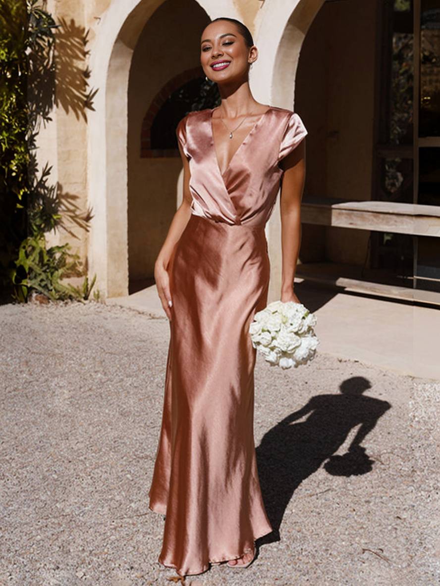 Elegant Satin V-Neck Cap Sleeve Maxi Dress