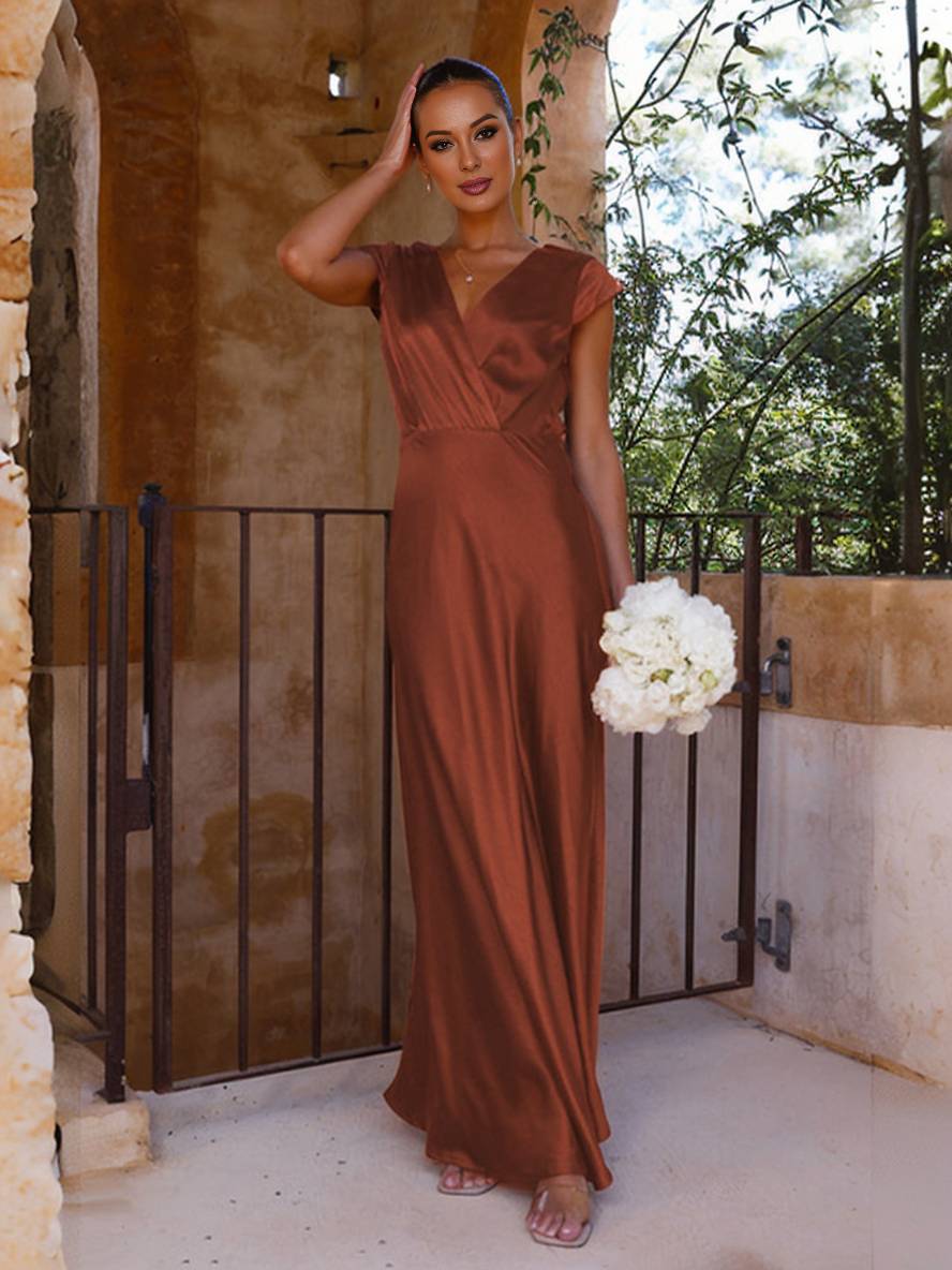 Elegant Satin V-Neck Cap Sleeve Maxi Dress