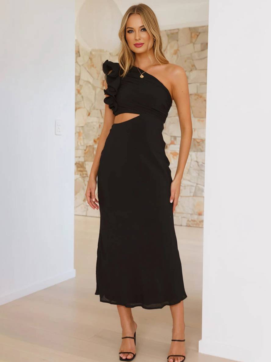 One-Shoulder Floral Appliqué Midi Dress with Side Cutout