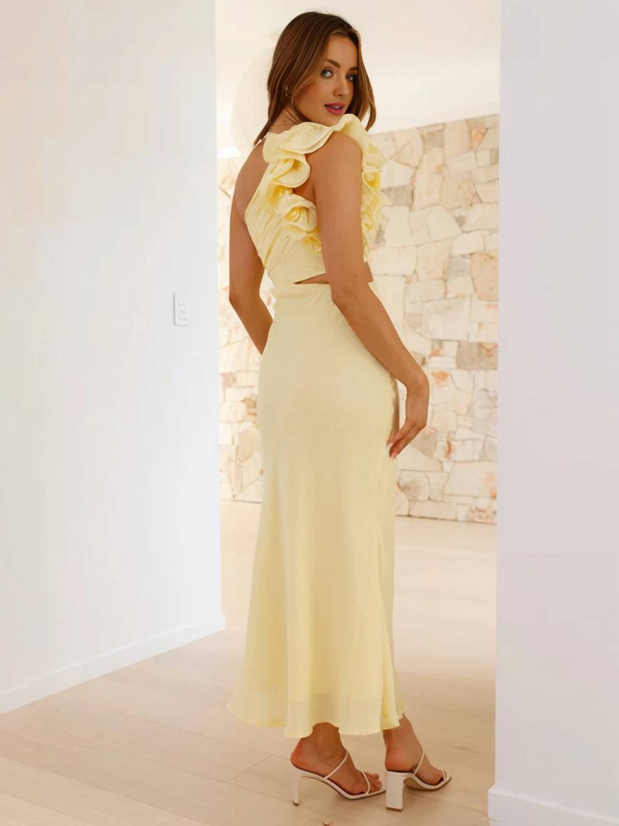 One-Shoulder Floral Appliqué Midi Dress with Side Cutout