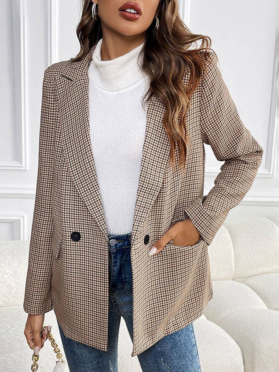 Women’s Houndstooth Checkered Double-Breasted Blazer