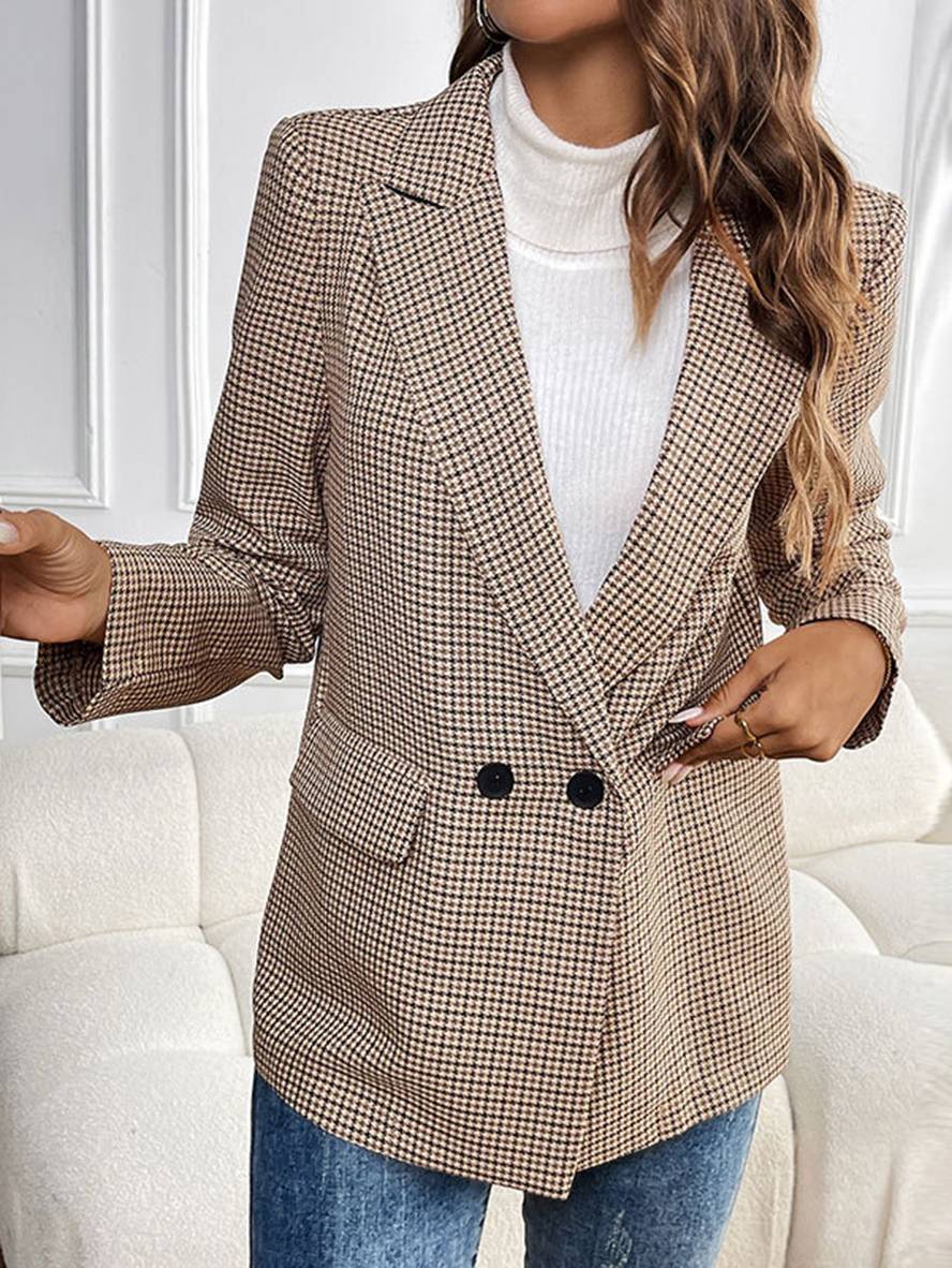 Women’s Houndstooth Checkered Double-Breasted Blazer