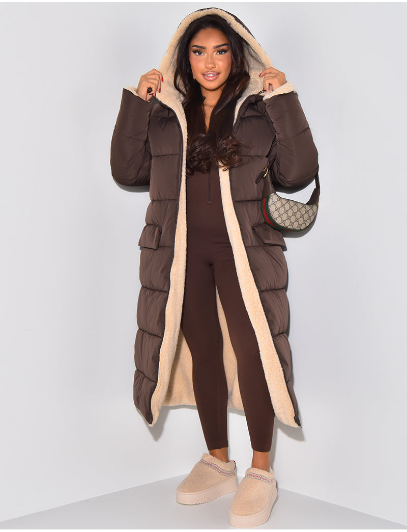 Long Hooded Sherpa Lined Puffer Coat for Cozy Winter Warmth