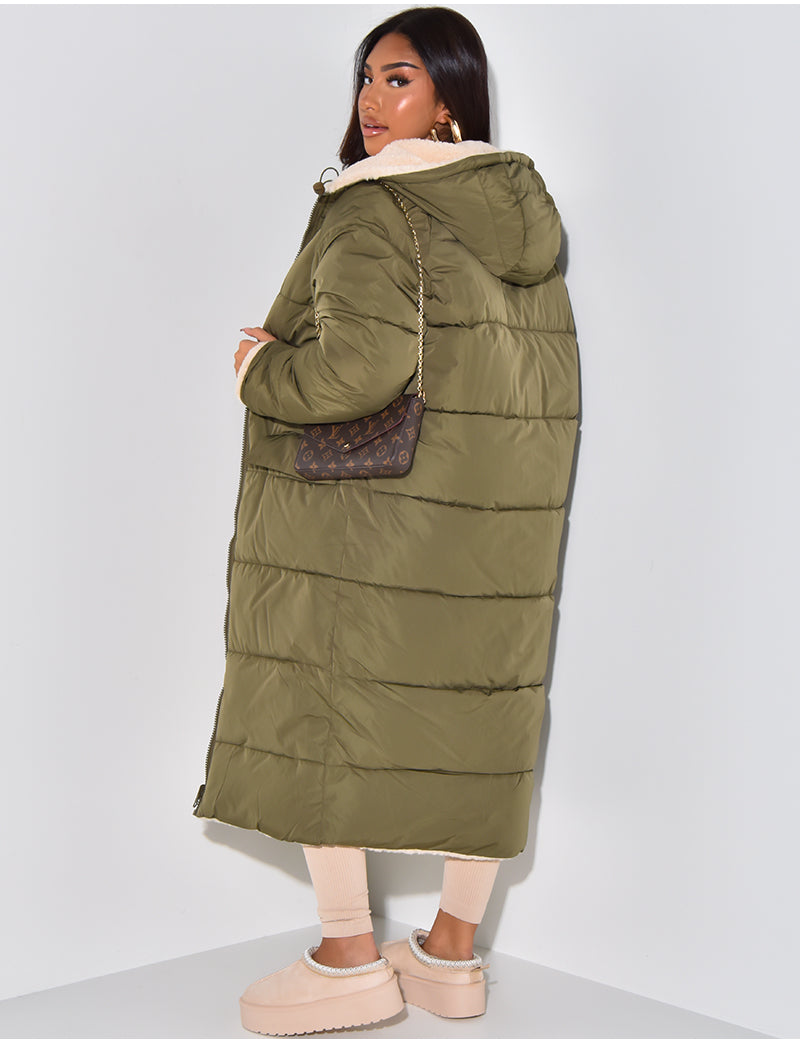 Long Hooded Sherpa Lined Puffer Coat for Cozy Winter Warmth