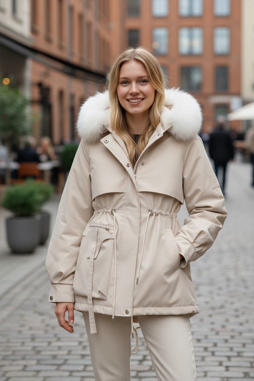 Insulated Hooded Parka Jacket with Faux Fur Trim and Drawstring Waist