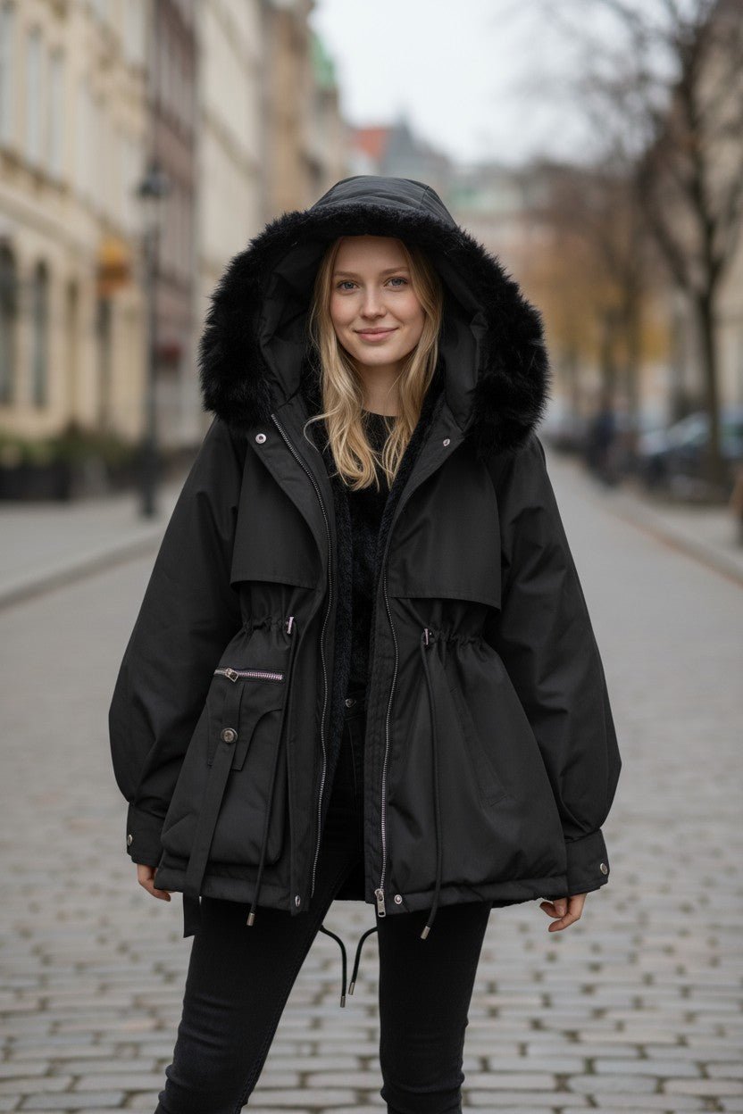 Insulated Hooded Parka Jacket with Faux Fur Trim and Drawstring Waist