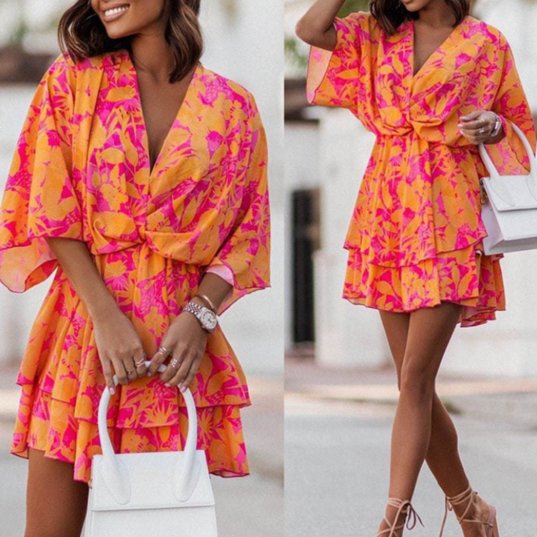 Floral Print V Neck Mini Dress with Long Sleeves for Chic Style