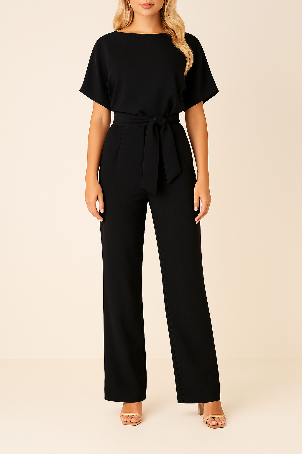 Women’s Short-Sleeve Belted Wide-Leg Jumpsuit