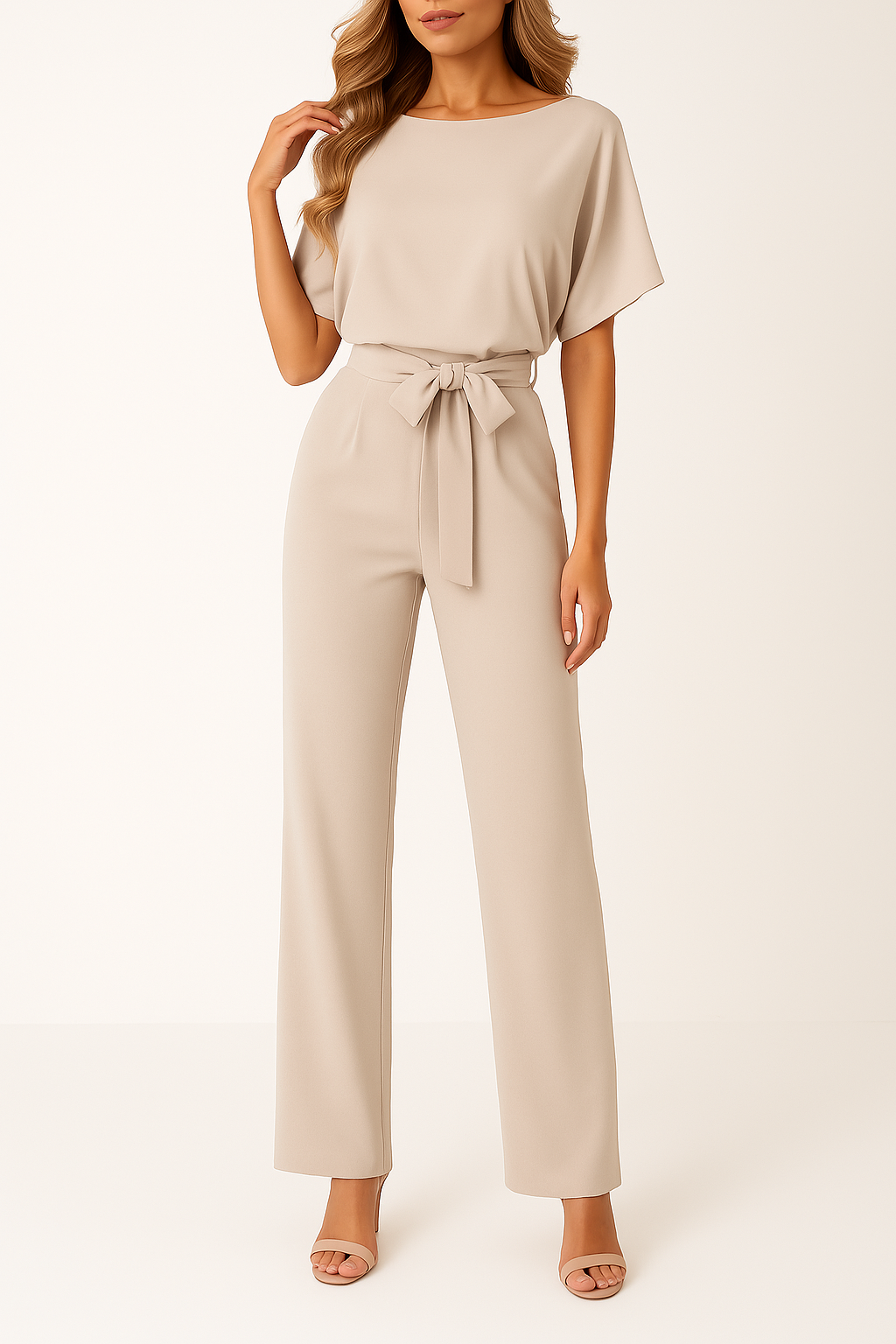 Women’s Short-Sleeve Belted Wide-Leg Jumpsuit
