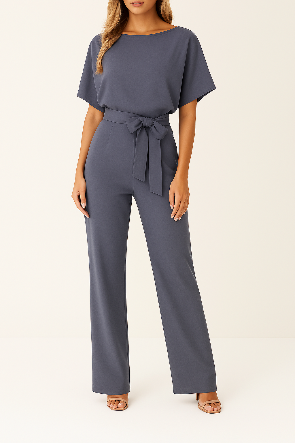 Women’s Short-Sleeve Belted Wide-Leg Jumpsuit