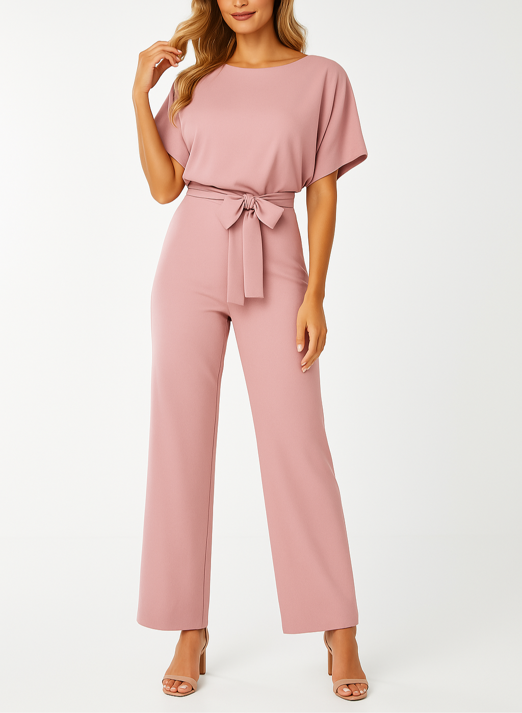 Women’s Short-Sleeve Belted Wide-Leg Jumpsuit