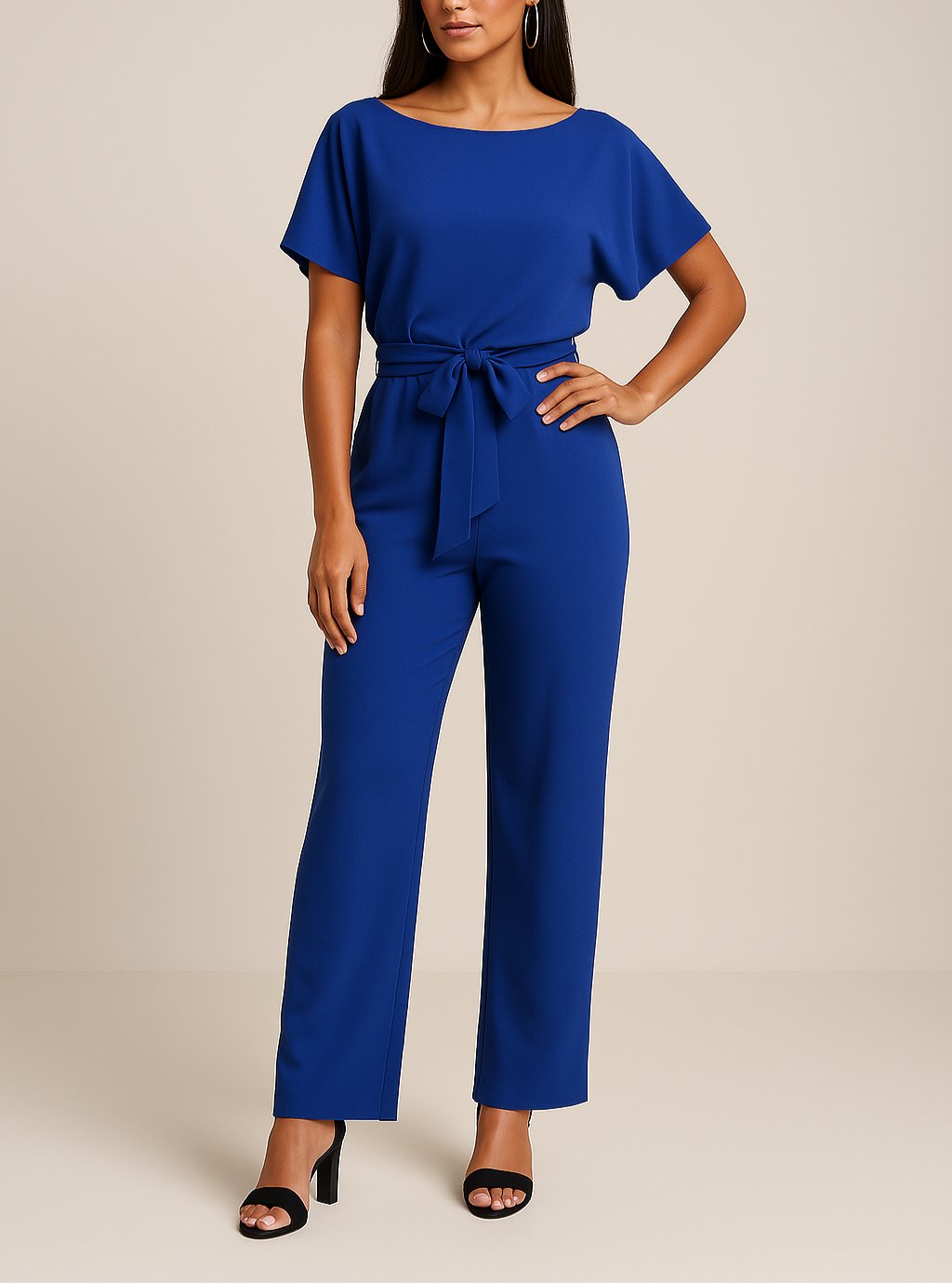 Women’s Short-Sleeve Belted Wide-Leg Jumpsuit