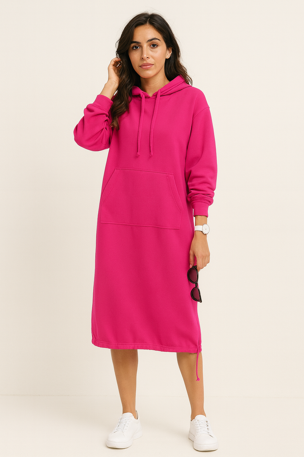 Hooded Long Sleeve Sweatshirt Midi Dress for Casual Comfort