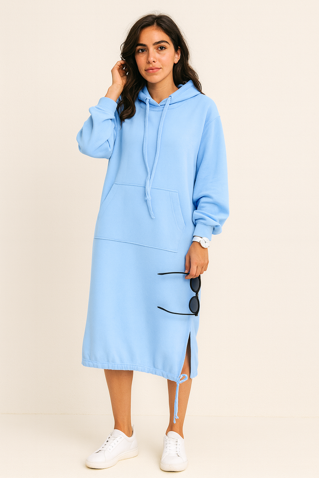 Hooded Long Sleeve Sweatshirt Midi Dress for Casual Comfort