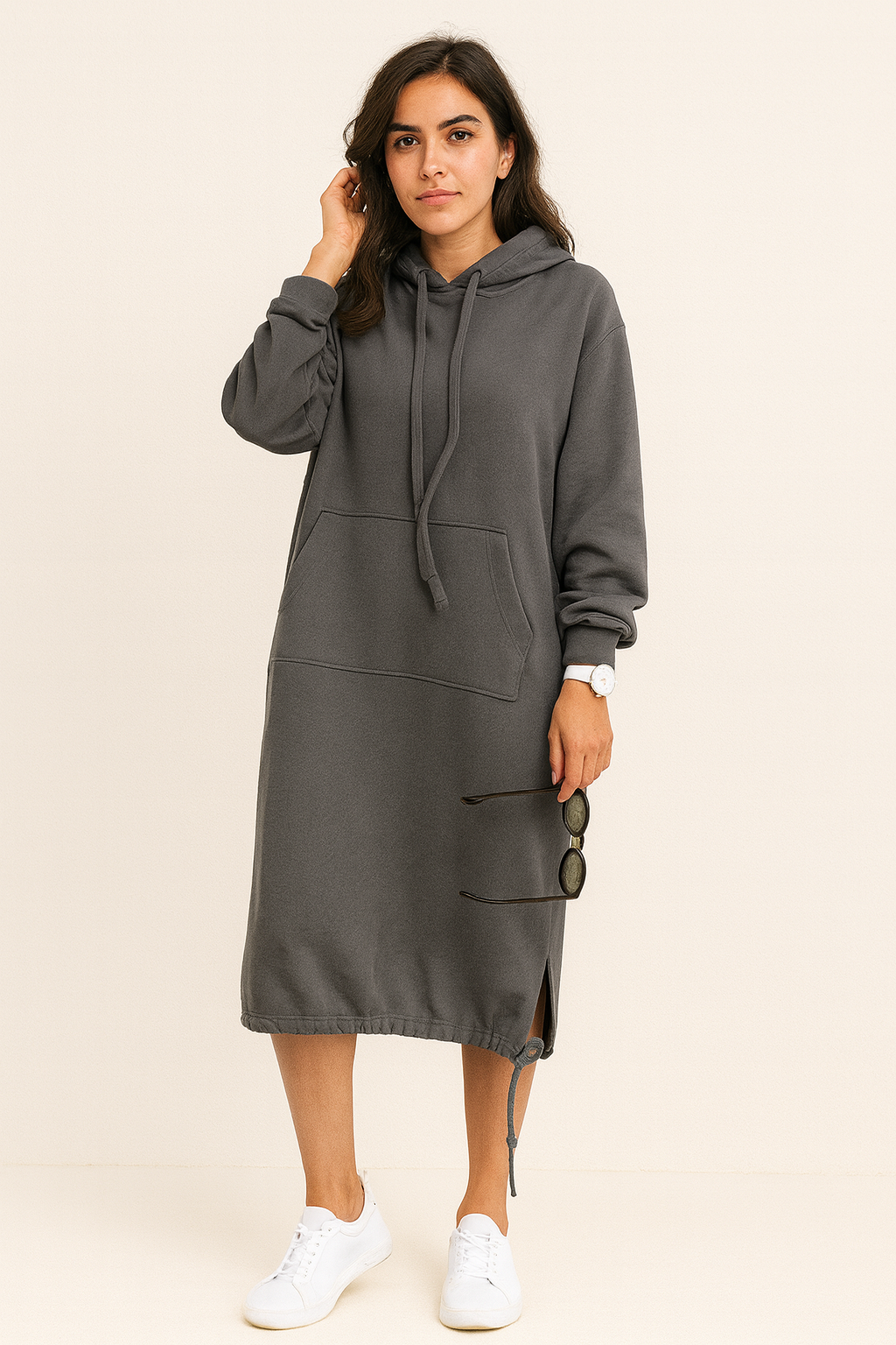 Hooded Long Sleeve Sweatshirt Midi Dress for Casual Comfort