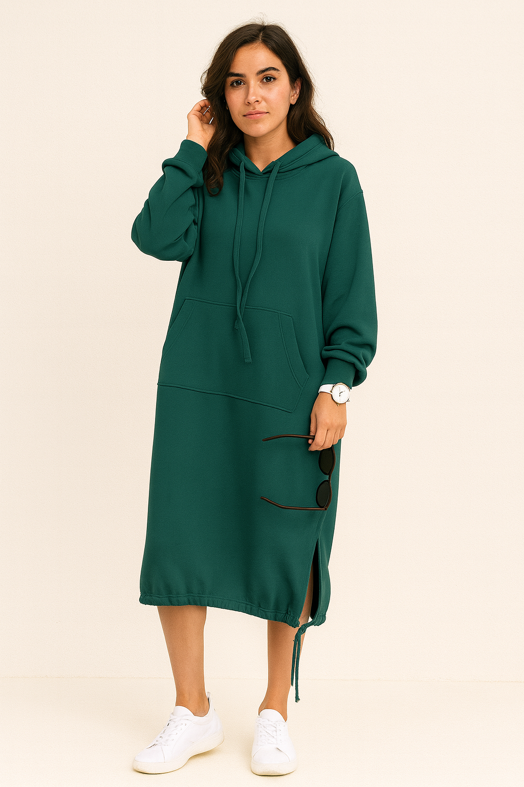 Hooded Long Sleeve Sweatshirt Midi Dress for Casual Comfort