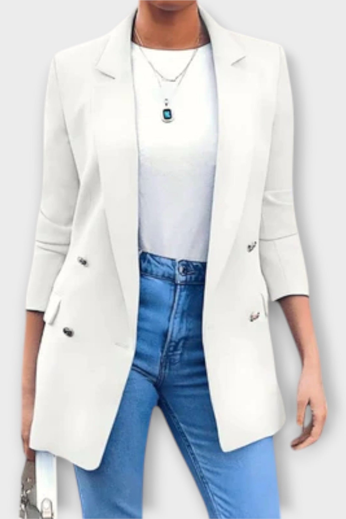 Tailored Open Front Blazer with Double Button Detail