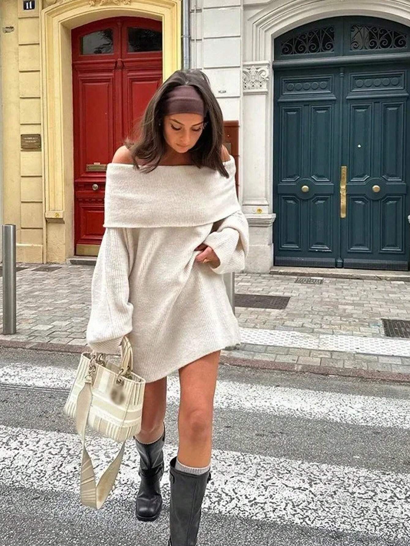 Off Shoulder Knit Long Sleeve Mini Dress for Cozy Chic Style