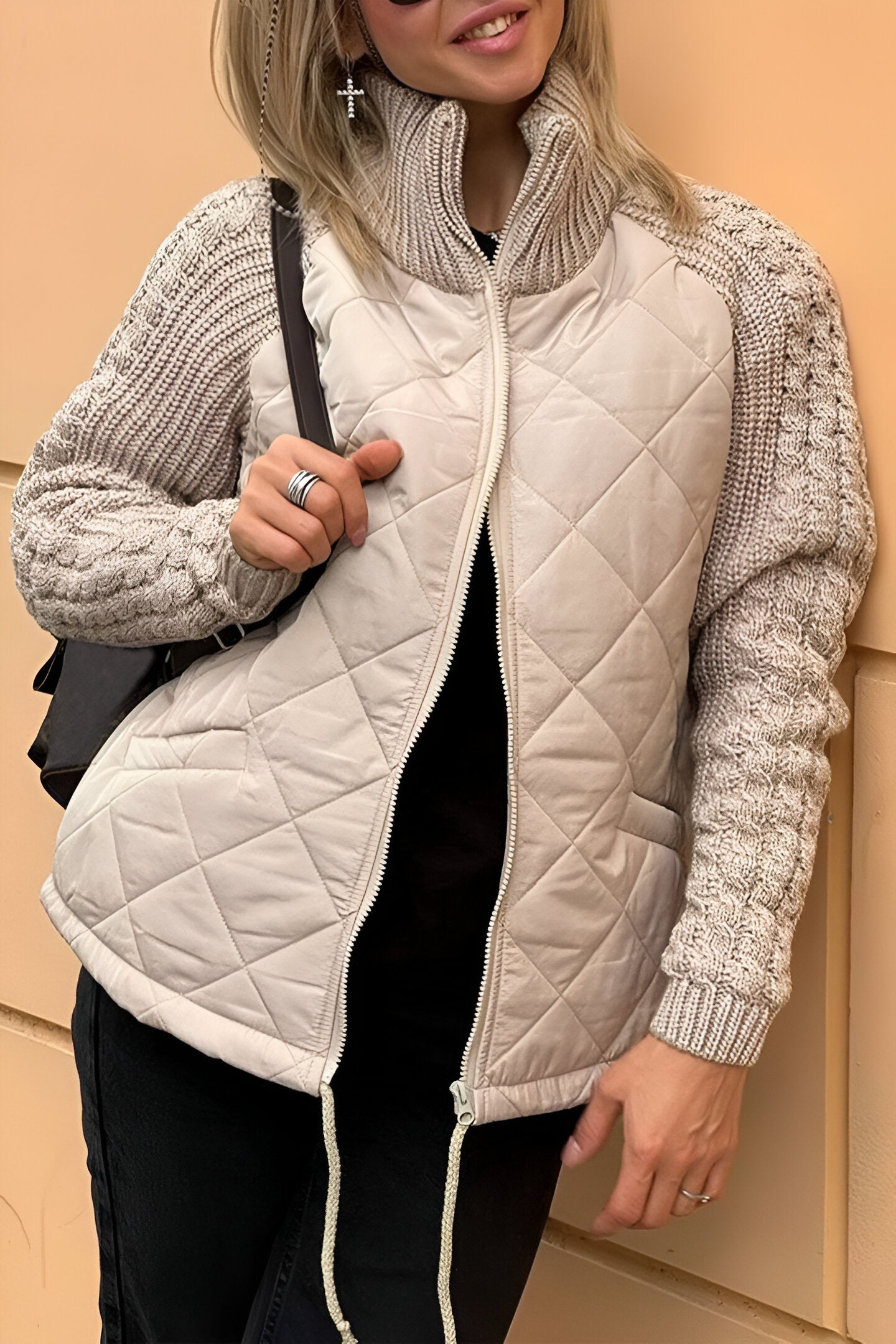 Quilted Zip Front Jacket with Knit Sleeves