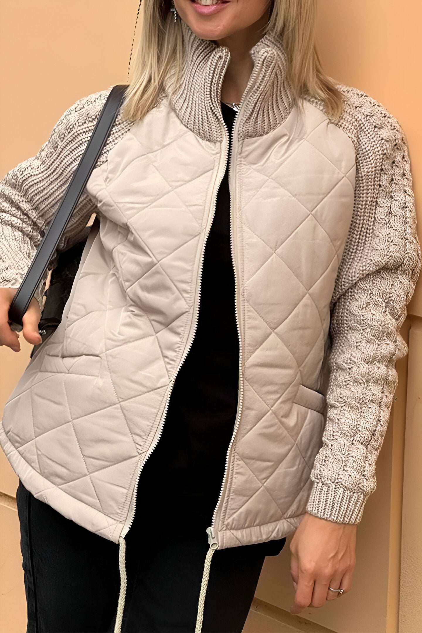 Quilted Zip Front Jacket with Knit Sleeves