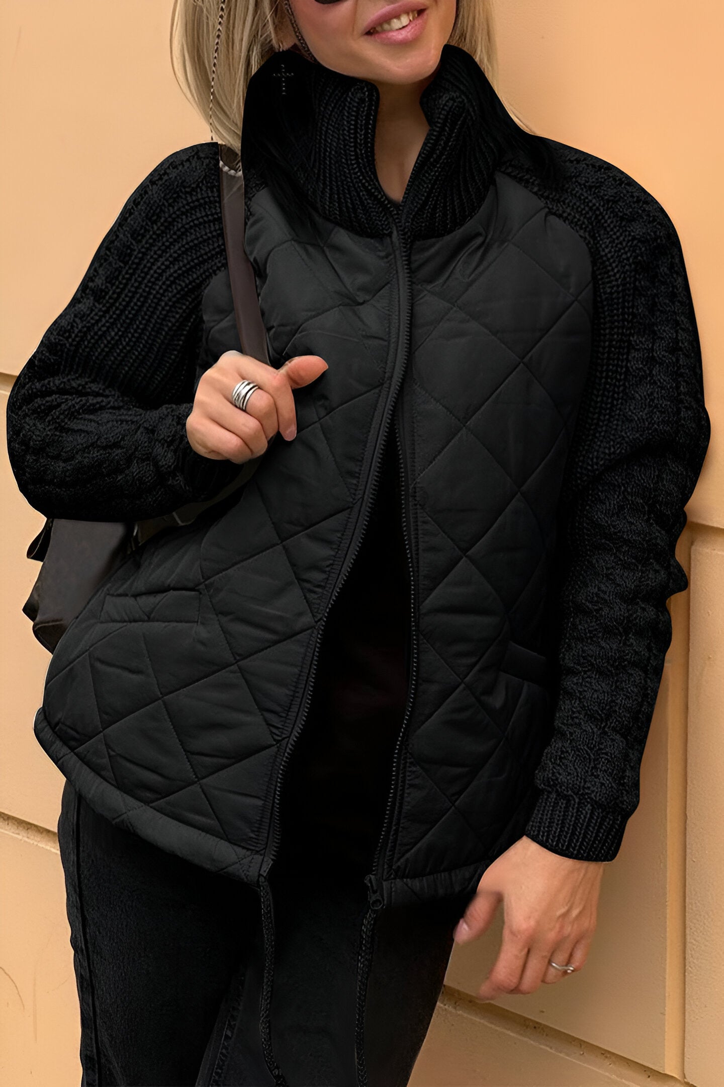 Quilted Zip Front Jacket with Knit Sleeves