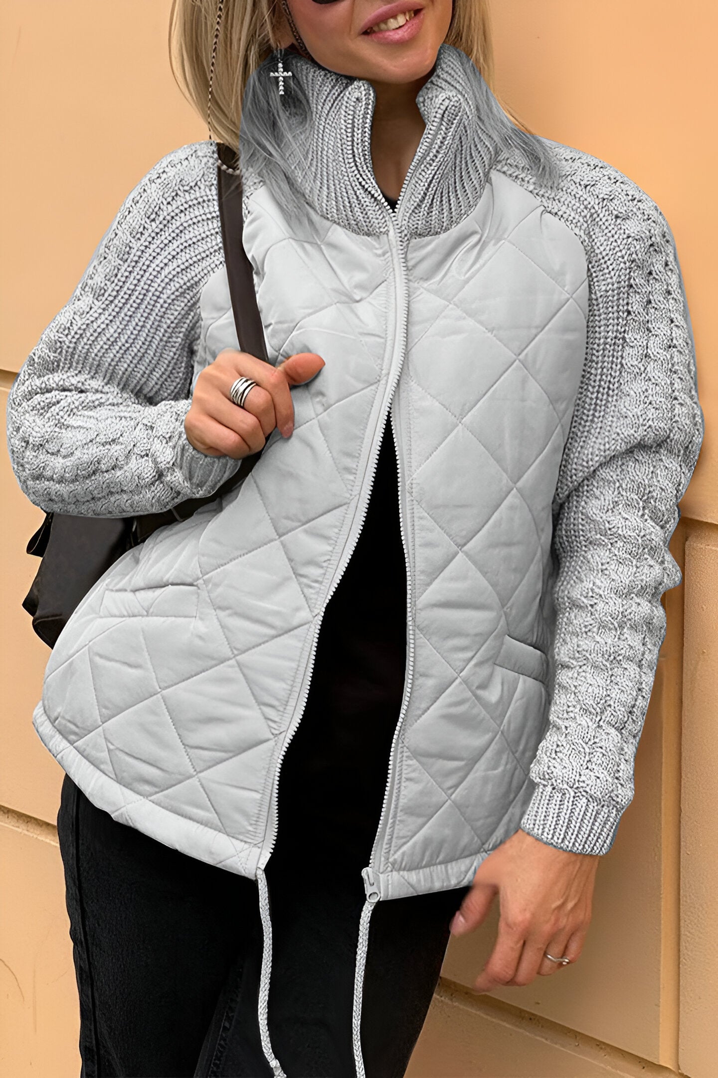 Quilted Zip Front Jacket with Knit Sleeves