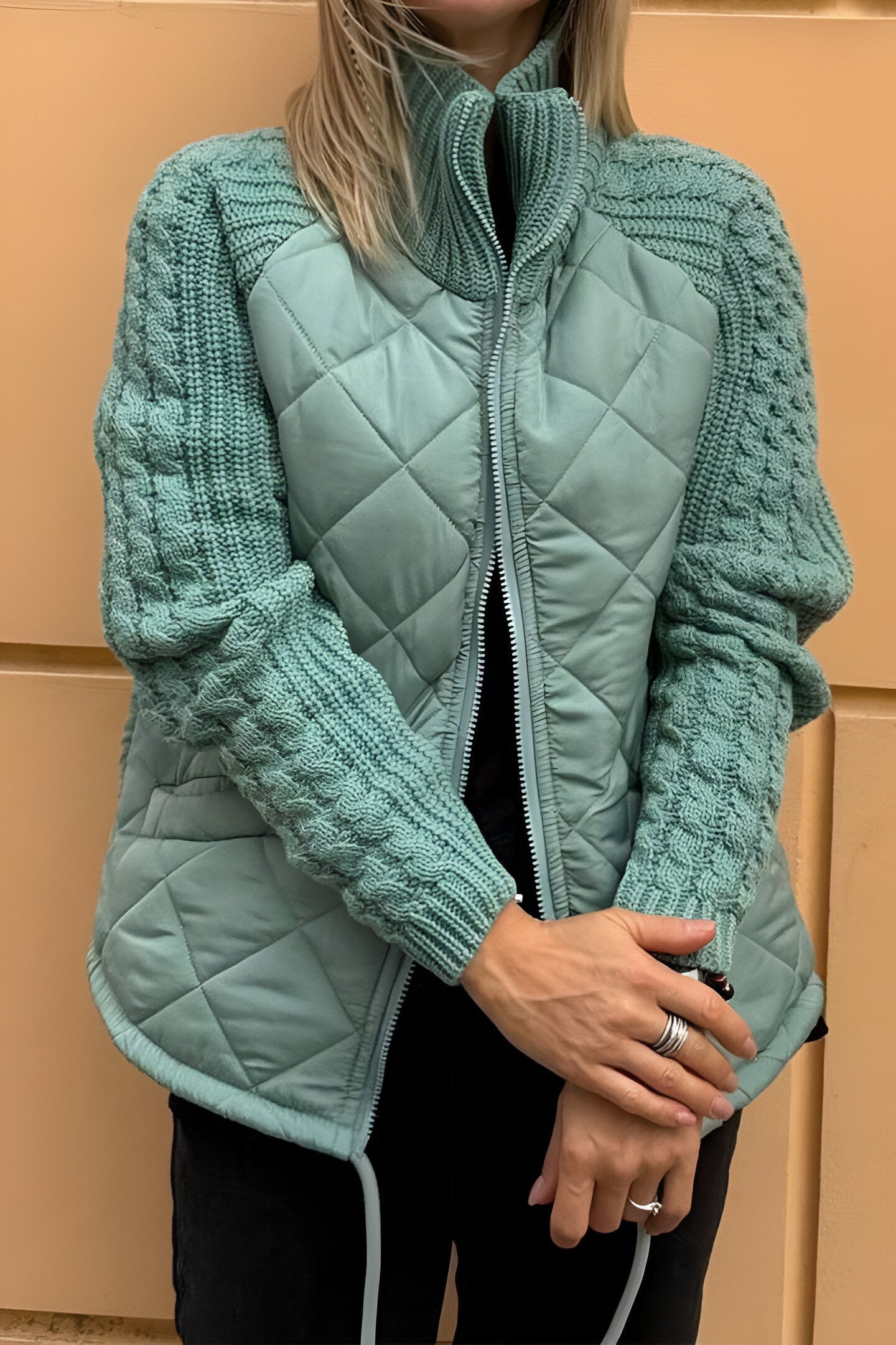 Quilted Zip Front Jacket with Knit Sleeves