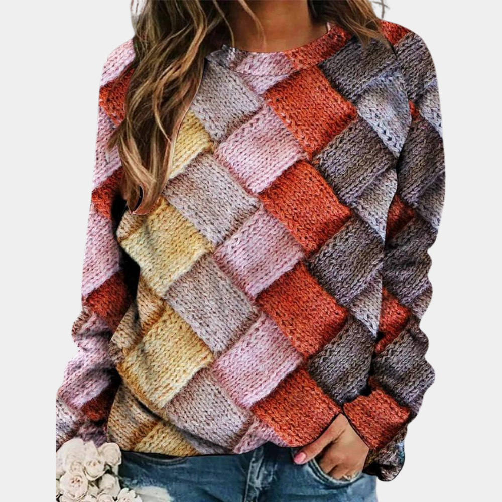 Multicolor Patchwork Knit Long Sleeve Top for Casual Wear